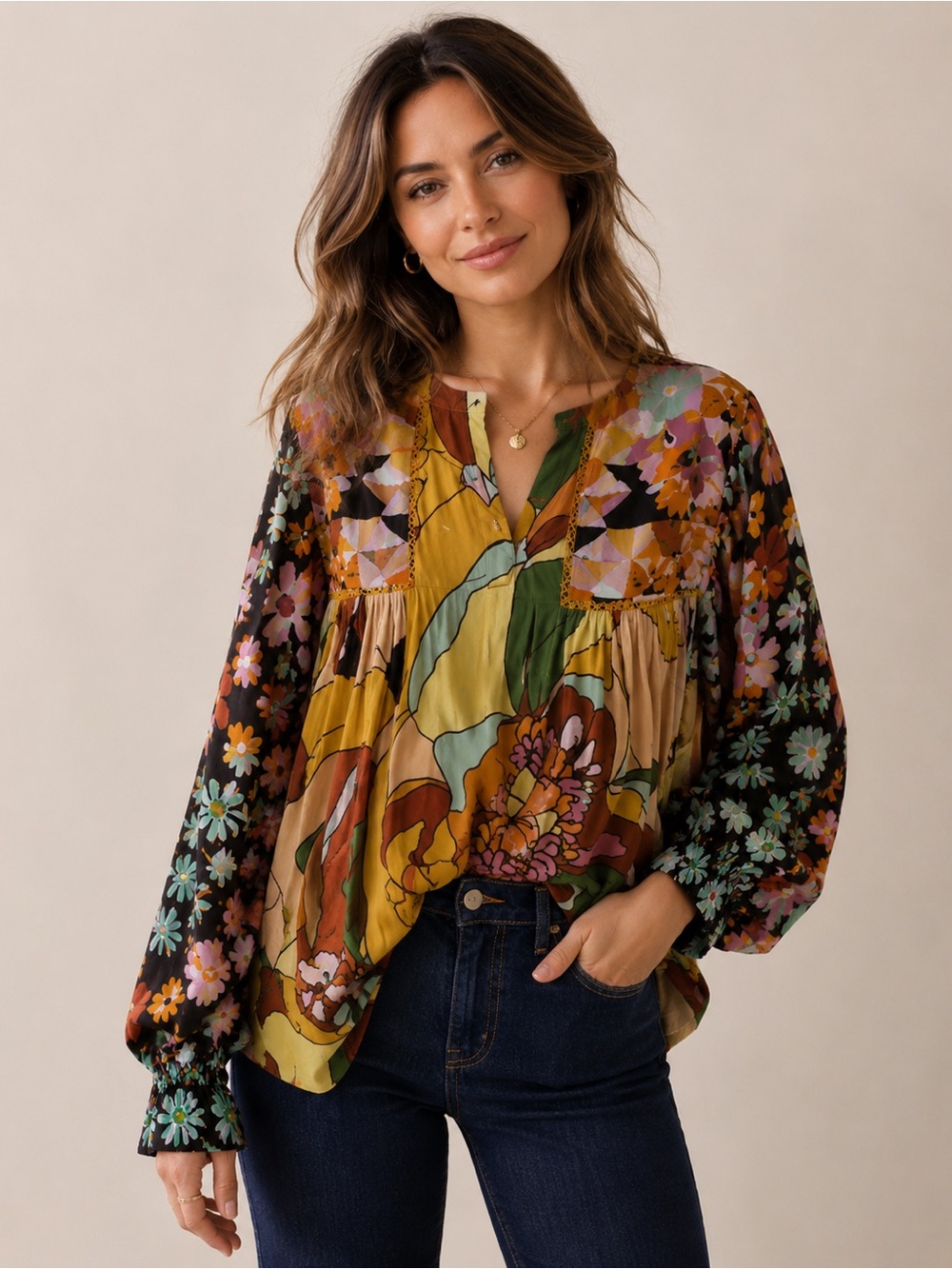 Blank London Boho Floral Mixed Print Peasant Blouse Anthropolgie